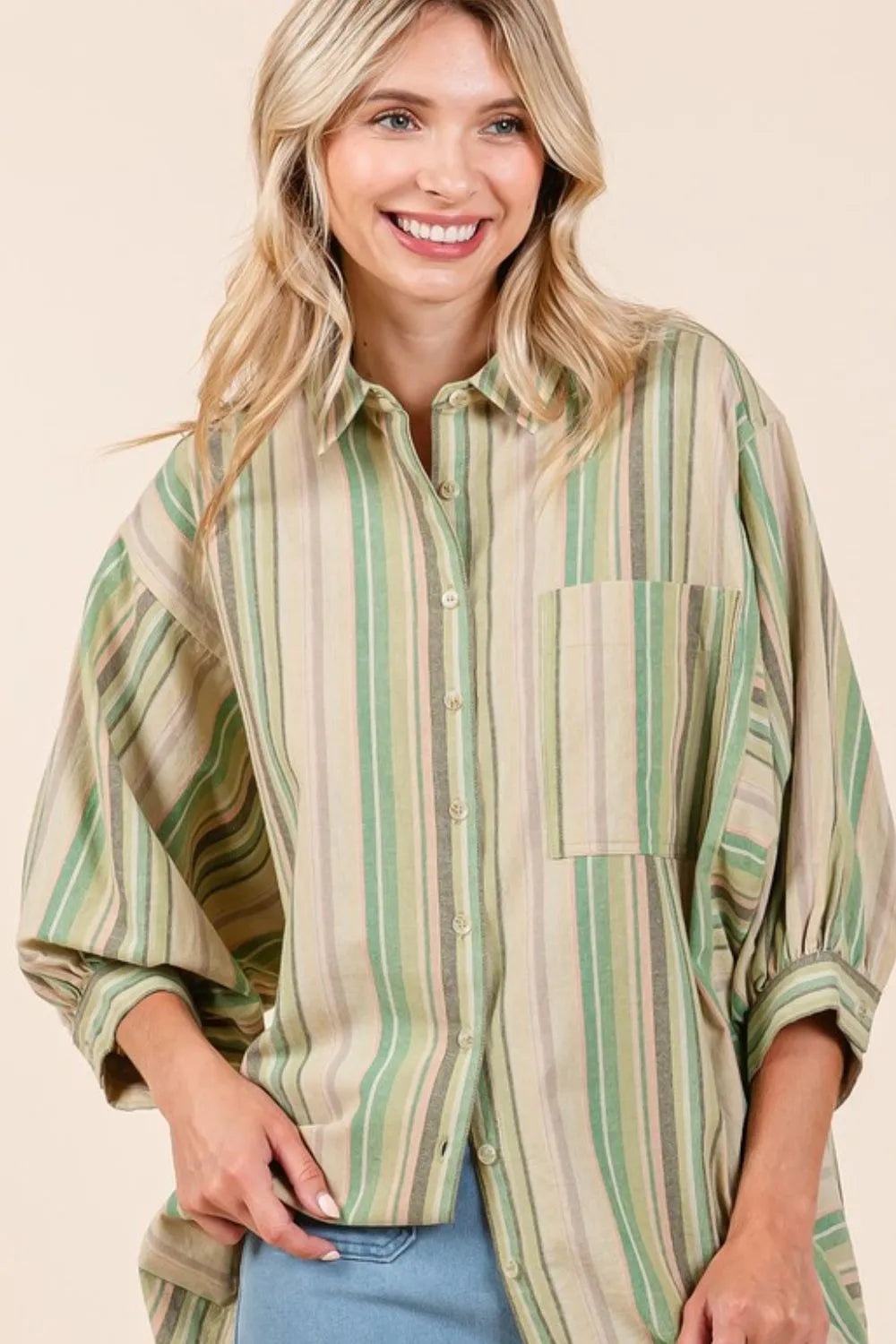 Mittoshop Striped Bubble Sleeve Button Down Shirt