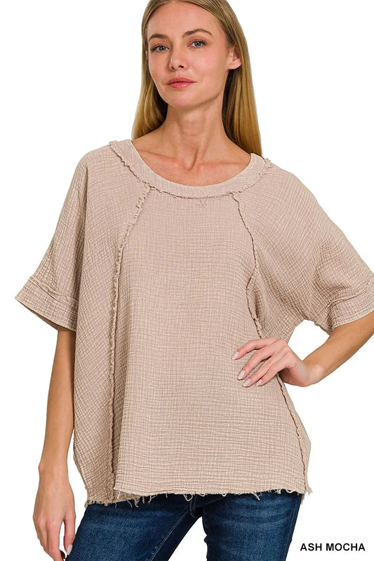 Zenana Washed Double Gauze Exposed Seam Short Sleeve Top