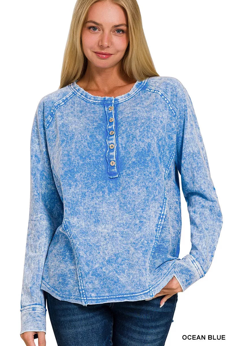 Zenana Washed French Terry Half Button Top