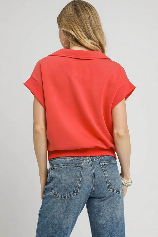 Umgee Luxe Knit Collared Short Sleeve Polo Sweatshirt
