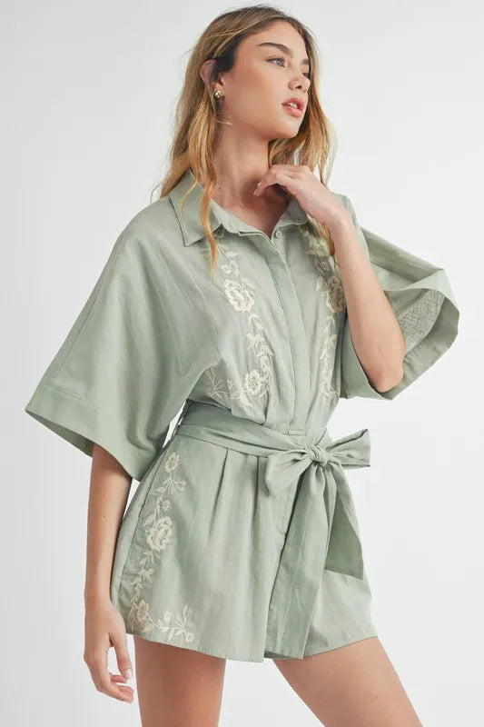 MABLE Embroidered Button Down Collared Neck Romper