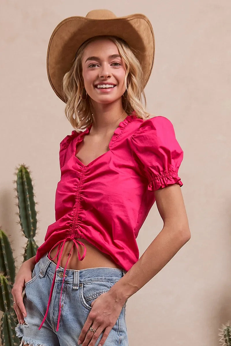 BiBi Ruffled Square Neck With Front Ruched Puff Sleeve