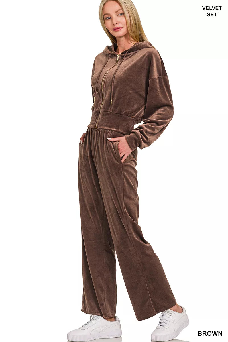Zenana Velvet Zip Up Hoodie and Pants Set