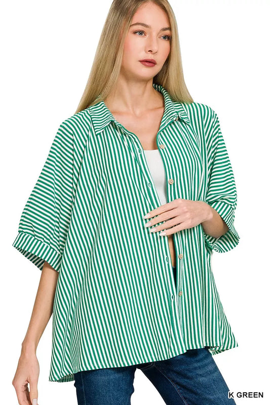 Zenana Oversized Stripe Button Down Shirt