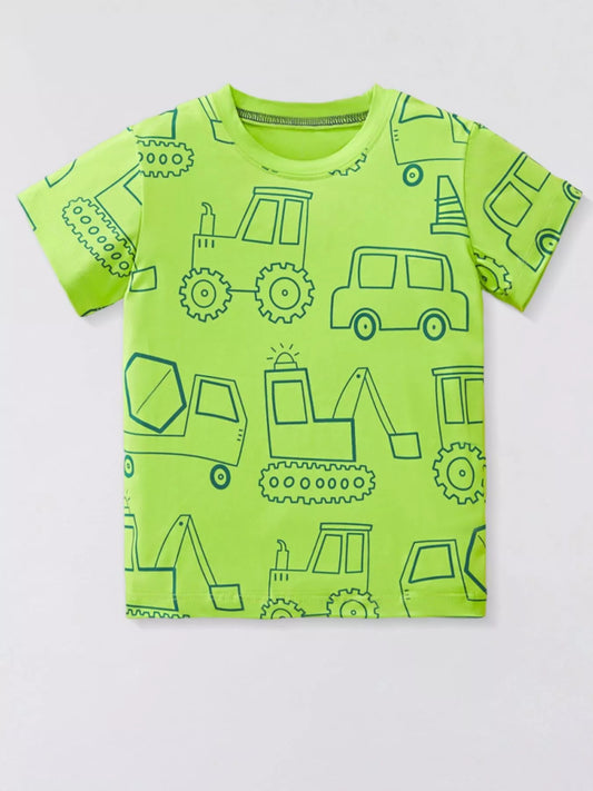 Children's Cartoon Vehicle Print Crew Neck Short Sleeve T-Shirt