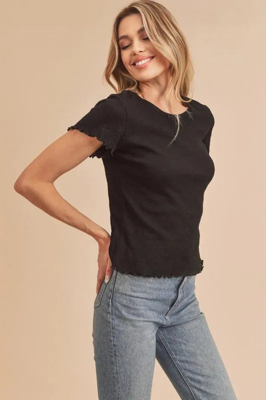 Aemi+Co Round Neck Lettuce Hem Short Sleeve T-Shirt