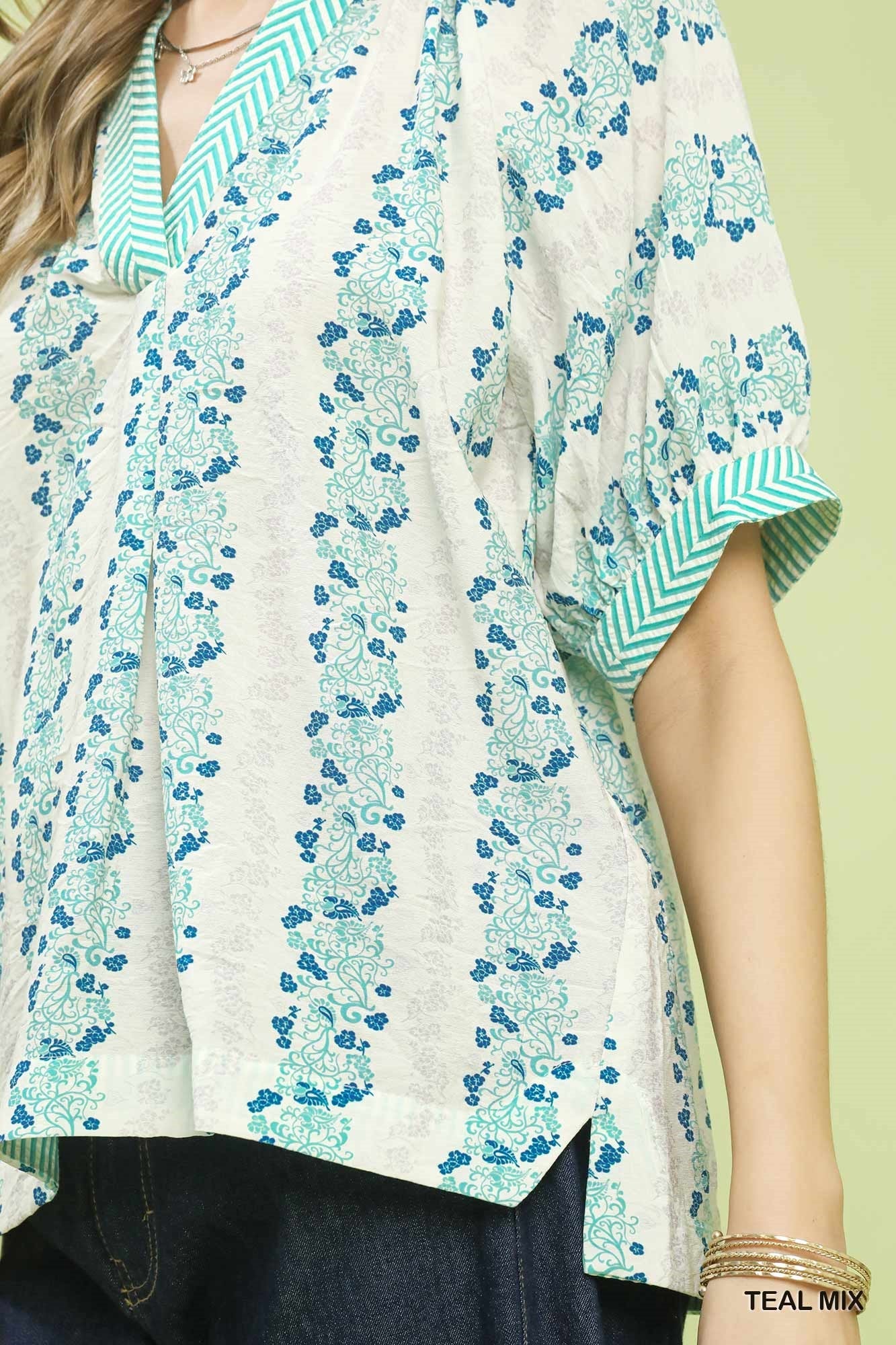 Umgee Mix Print Boho Blouse with Contrast Trim