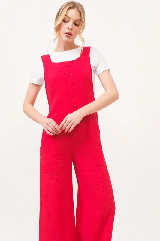And The Why Gauze Loose Fit Tied Back Overalls