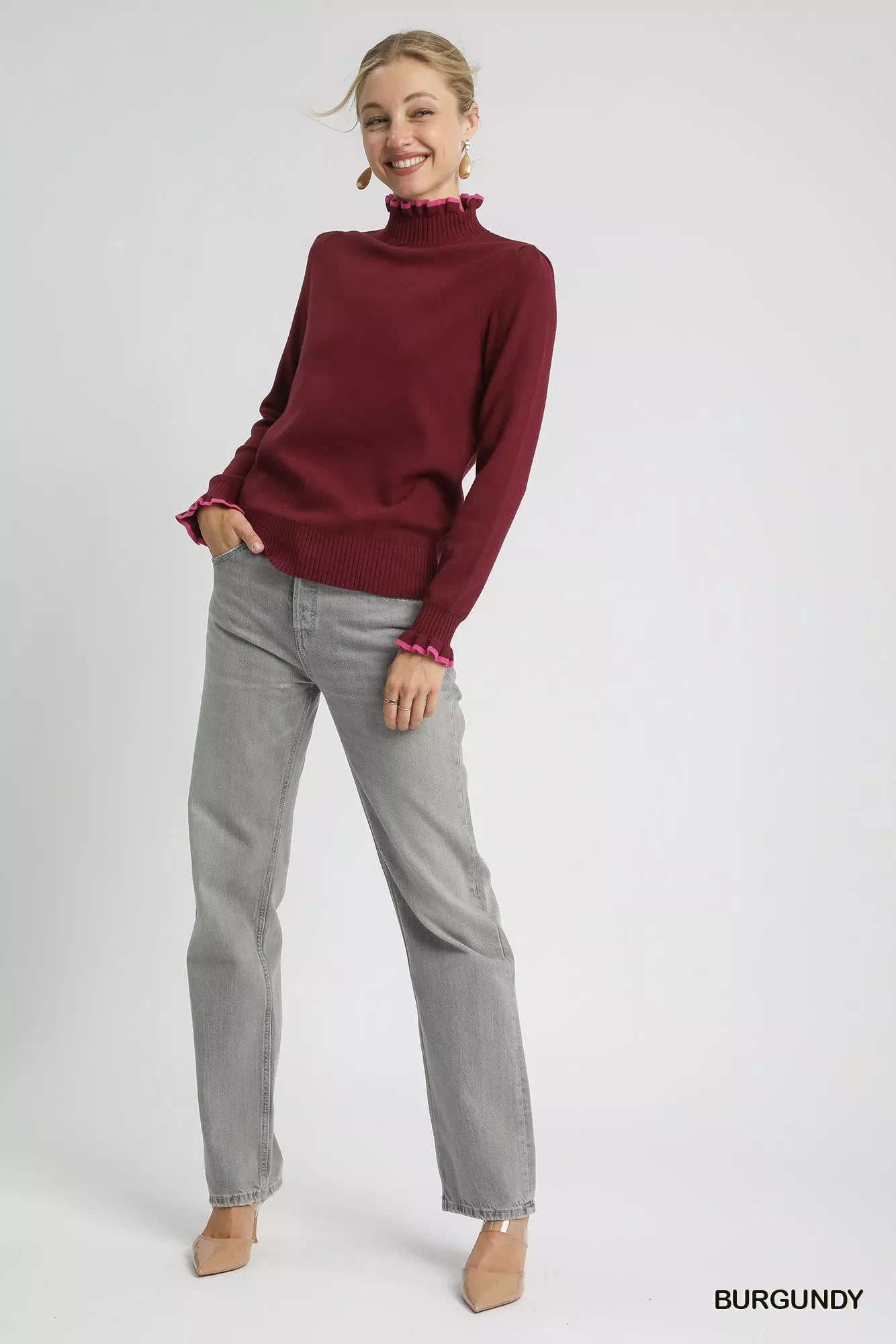 Umgee Ribbed Round Neck Sweater with Ruffle Contrast Trim