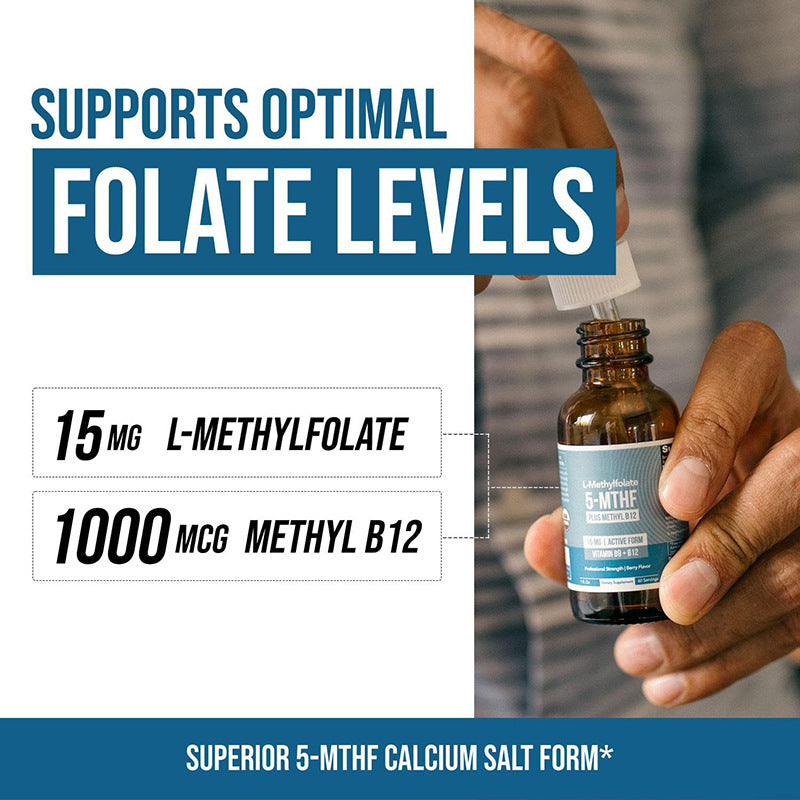 5-MTHF L-Methylfolate Liquid Drops 15mg Active Folate With Methyl B12-1000mcg Supports Folate Levels Energy, 60ml