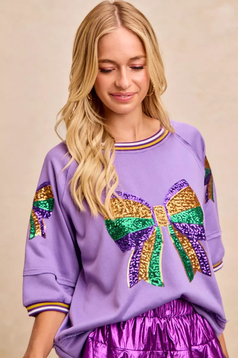 BiBi Mardi Gras Theme Ribbon Sequin Patched Top