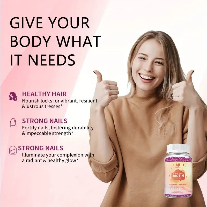 Biotin 12000MCG Beauty Gummies With Collagen & Keratin, Hair, Skin & Nail Support, 60 Count