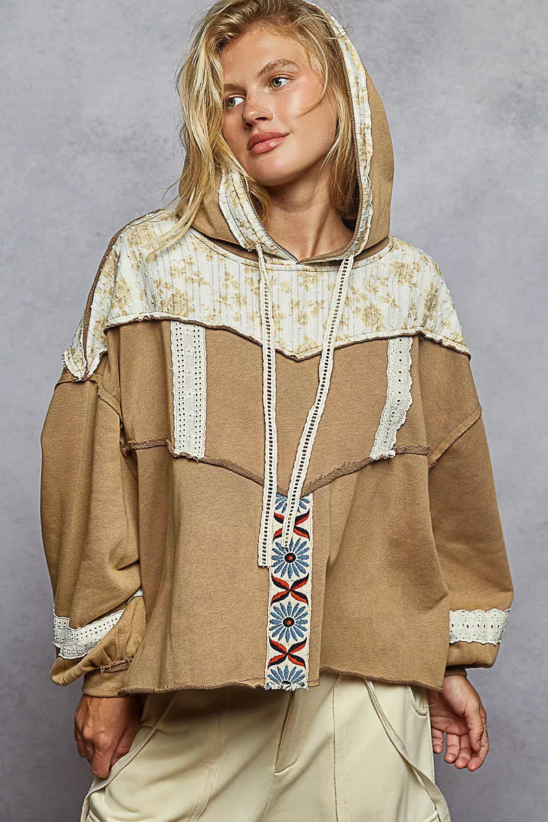 POL Drawstring French Terry Hoodie with Gauze Print Patch