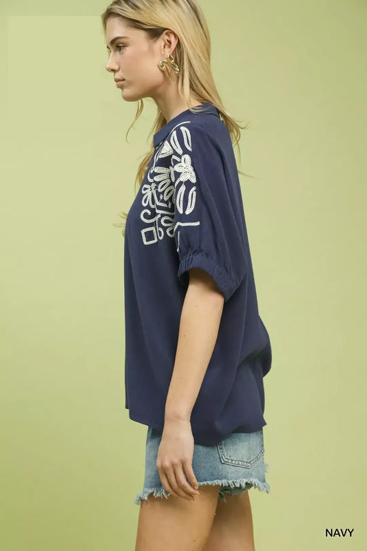 Umgee Floral Embroidered Sleeve Blouse