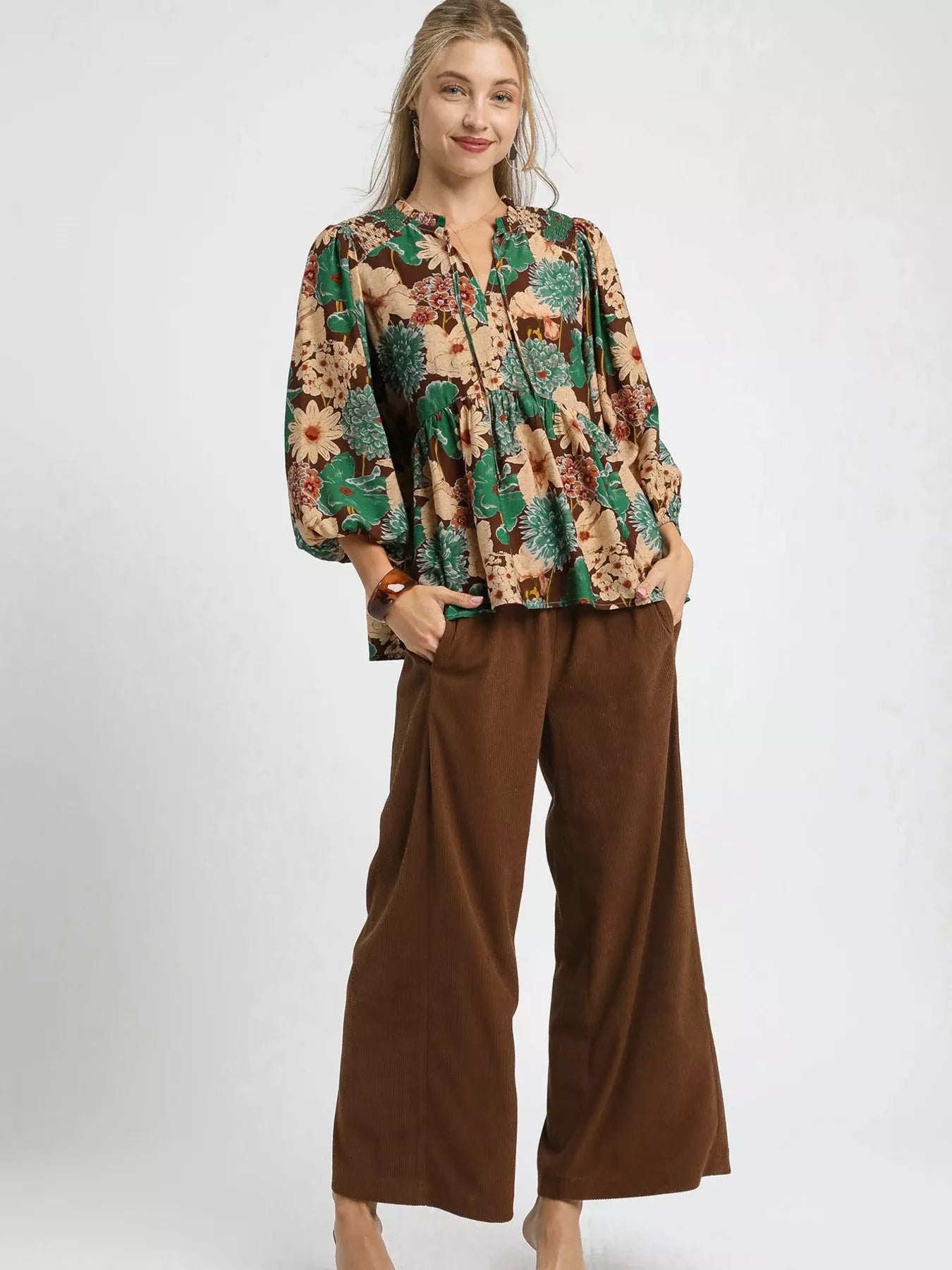 Umgee Mix Floral Peplum Blouse with Tie Neck