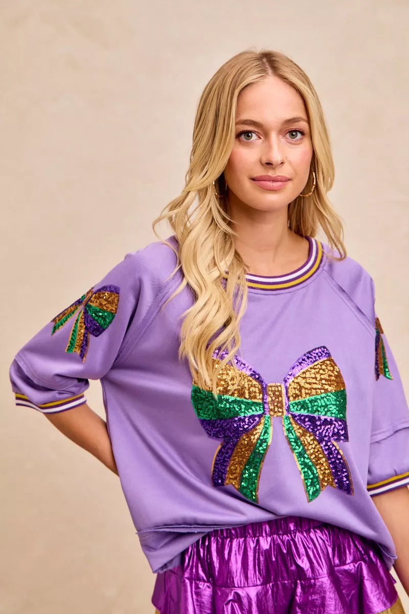 BiBi Mardi Gras Theme Ribbon Sequin Patched Top