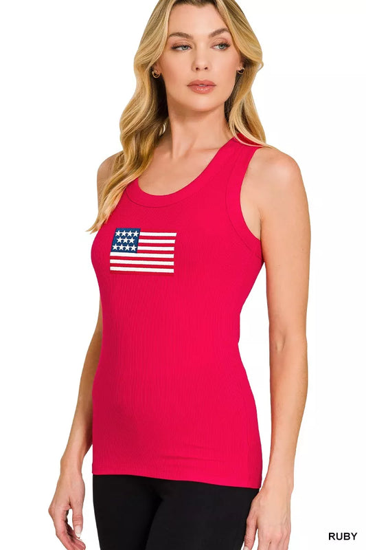 Zenana Ribbed American Flag Scoop Neck Tank Top