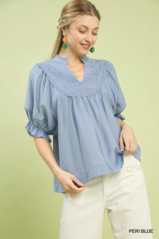 Umgee Smocked Yoke Blouse with Ruffle Sleeves