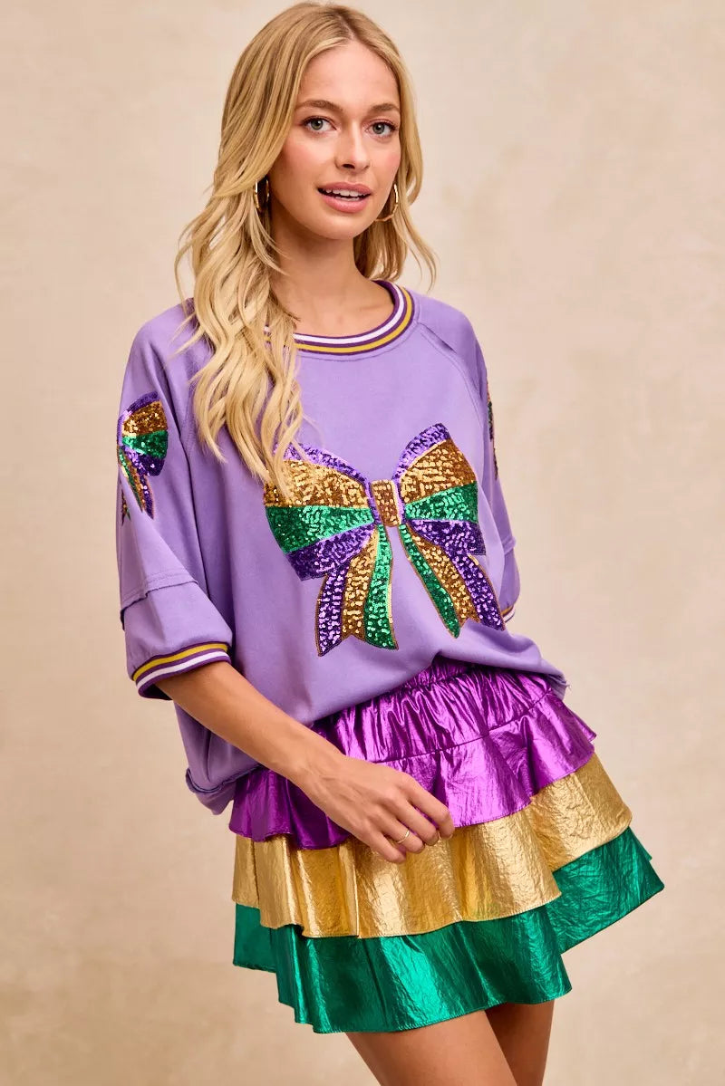 BiBi Mardi Gras Theme Ribbon Sequin Patched Top