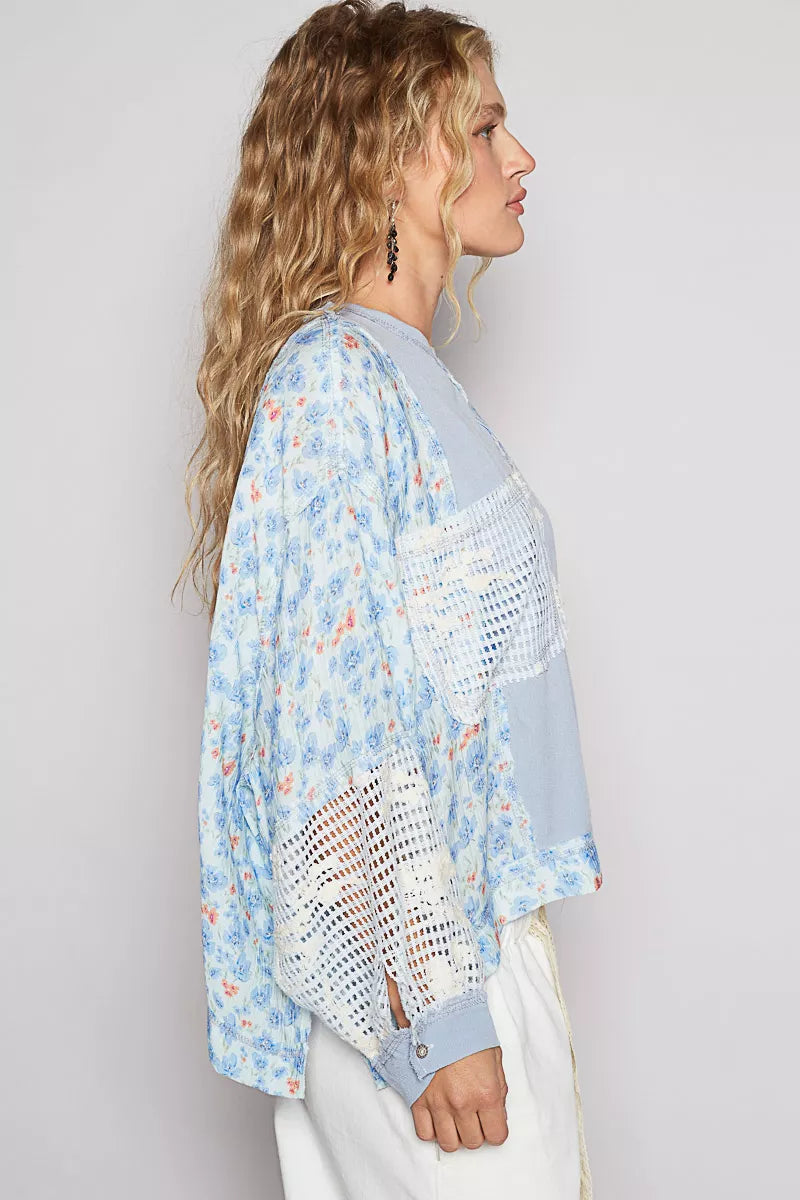 POL Round Neck Cropped Gauze Floral Pattern Top with Overlock Stitch Detail