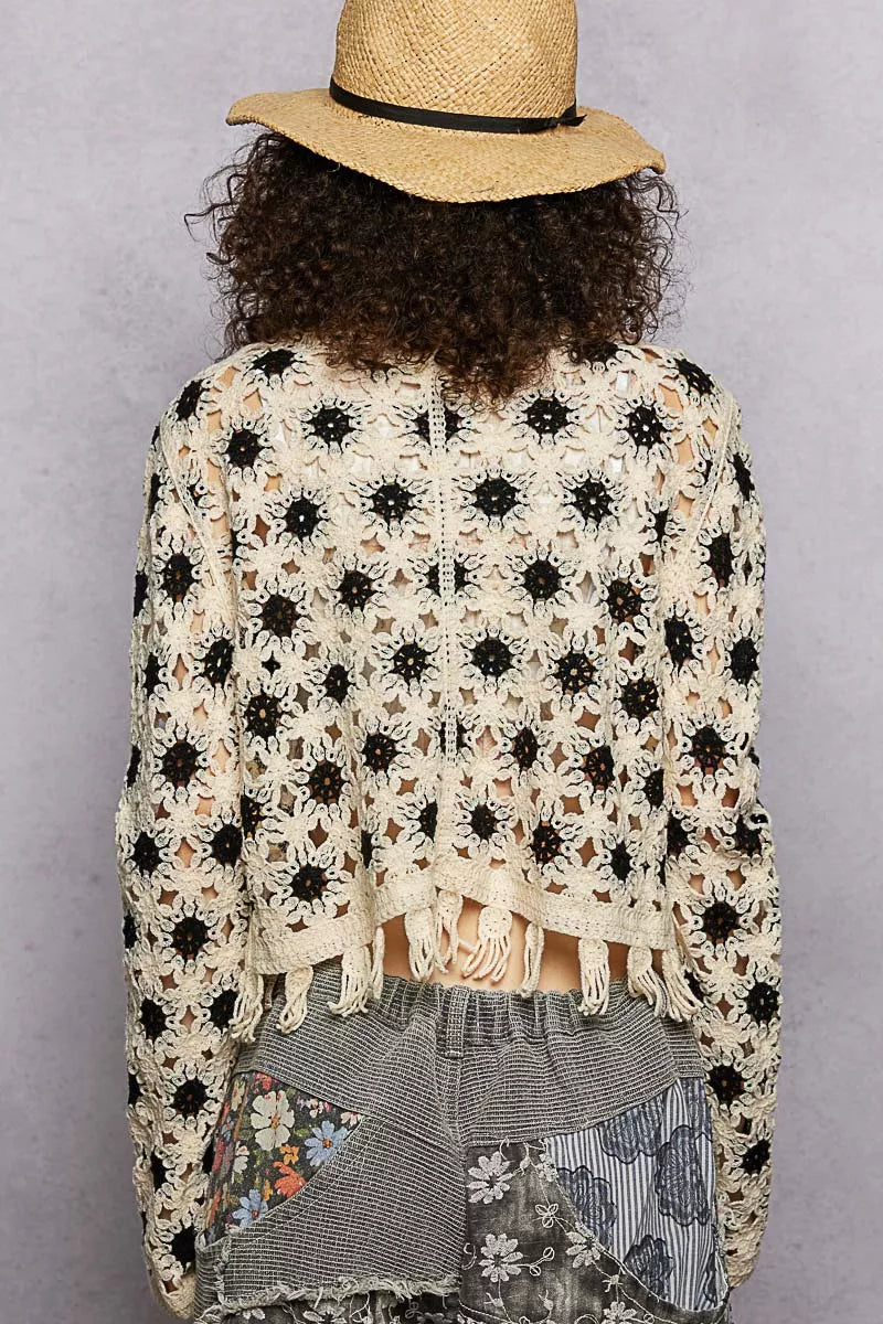 POL Openwork Floral Crochet Cardigan with Tassel Hem