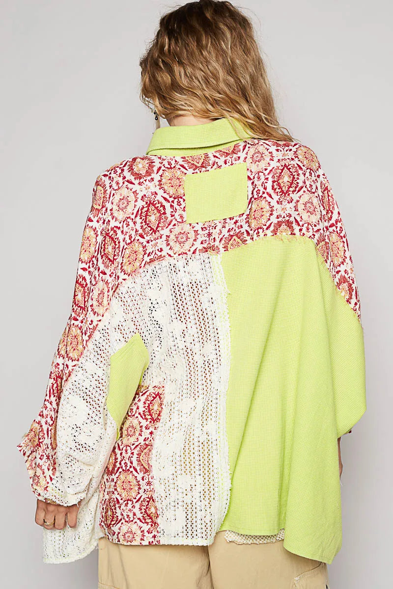 POL Thermal and Crochet Lace Mix Shirt with Floral Pattern
