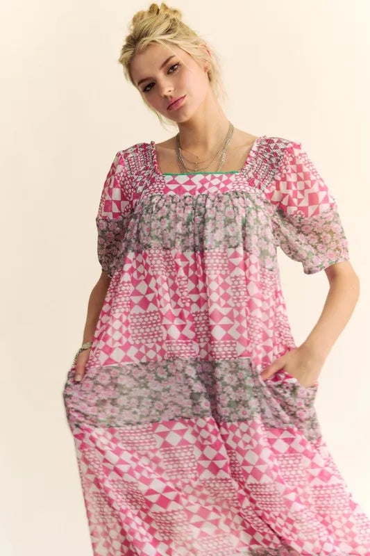 Davi & Dani Multi Floral Square Neck Puff Sleeve Maxi Dress