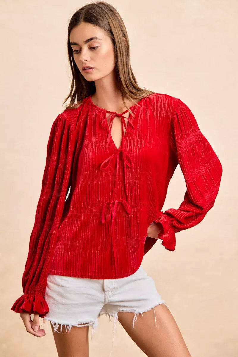 BiBi Christmas Theme Velvet Bow Tied Top With Neck Drop