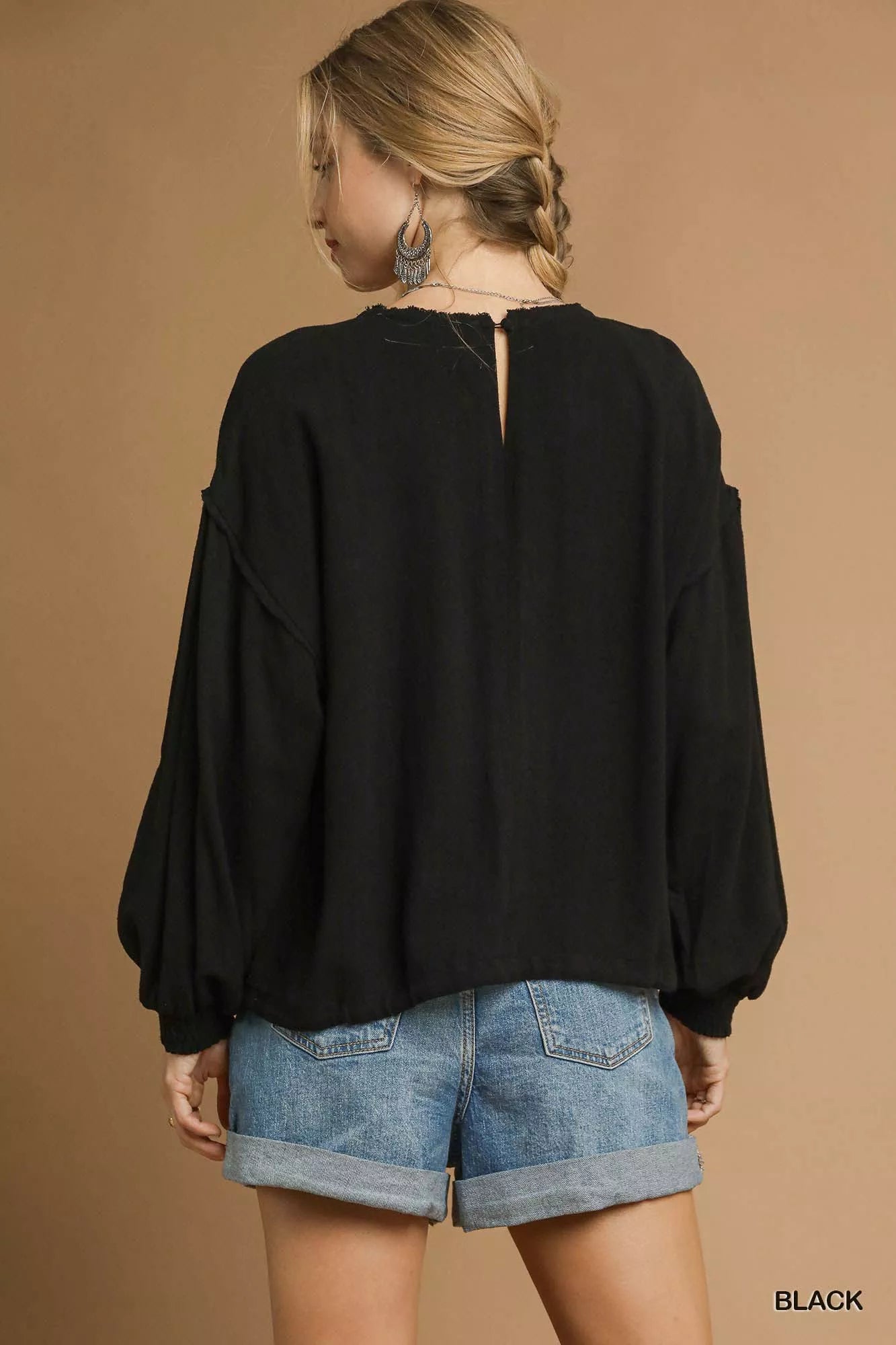 Umgee Full Size Linen Long Sleeve Top with Drawstring Plus Size