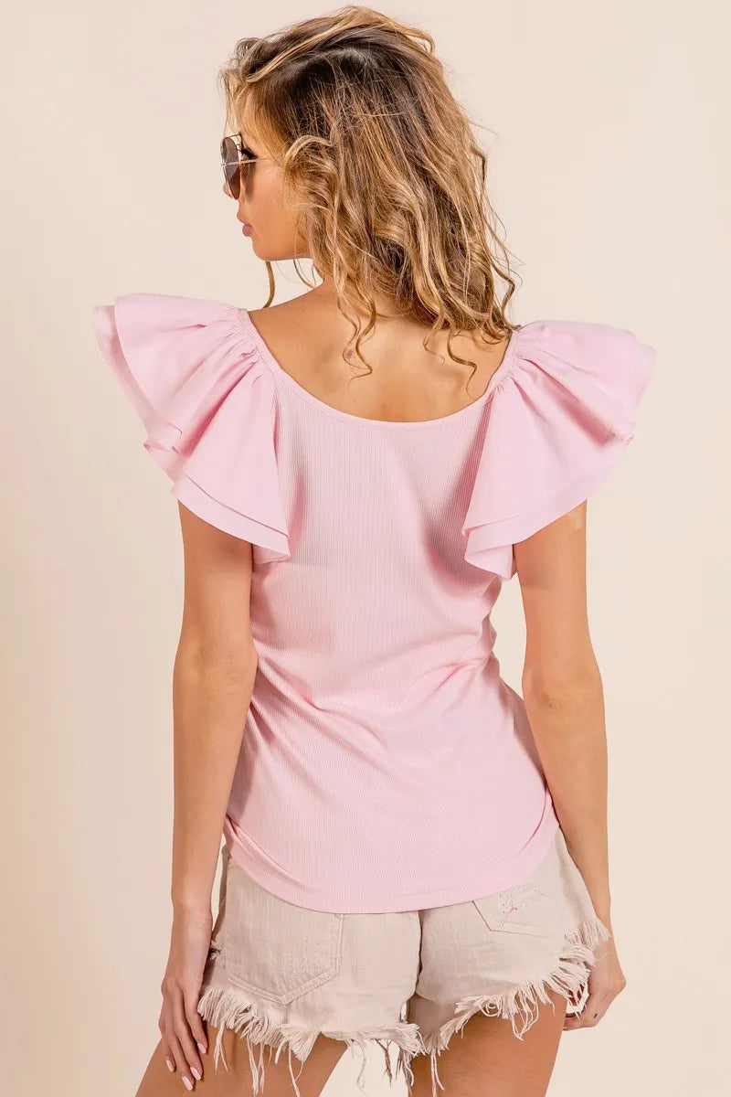 BiBi Wide Layered Ruffle Sleeve Scoop Neck Ribbed Top