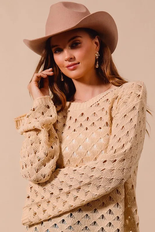 SO ME Geometric Pattern Open Knit Lightweight Sweater