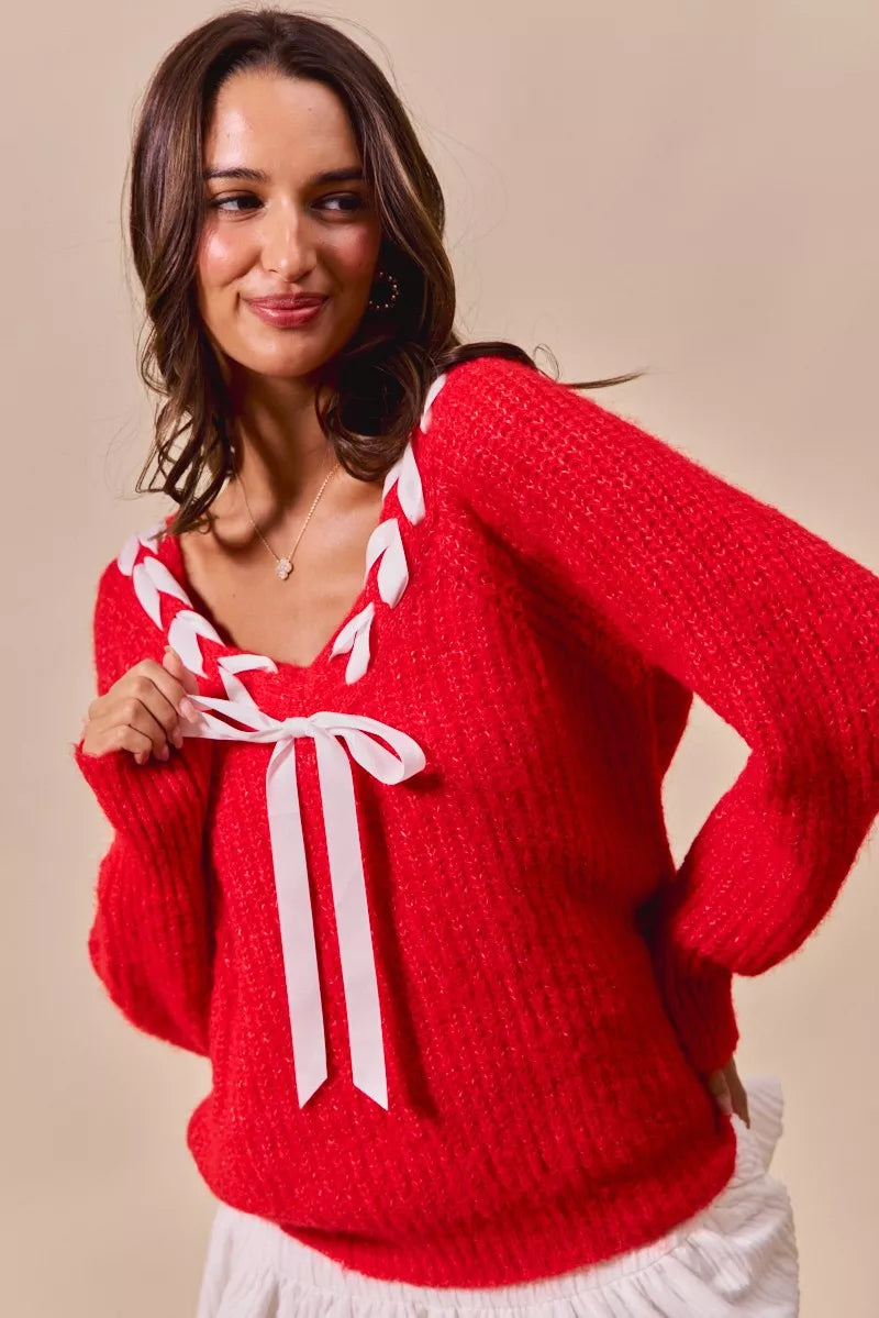 SO ME Satin Tape Braided Ribbon Tie V Neck Sweater
