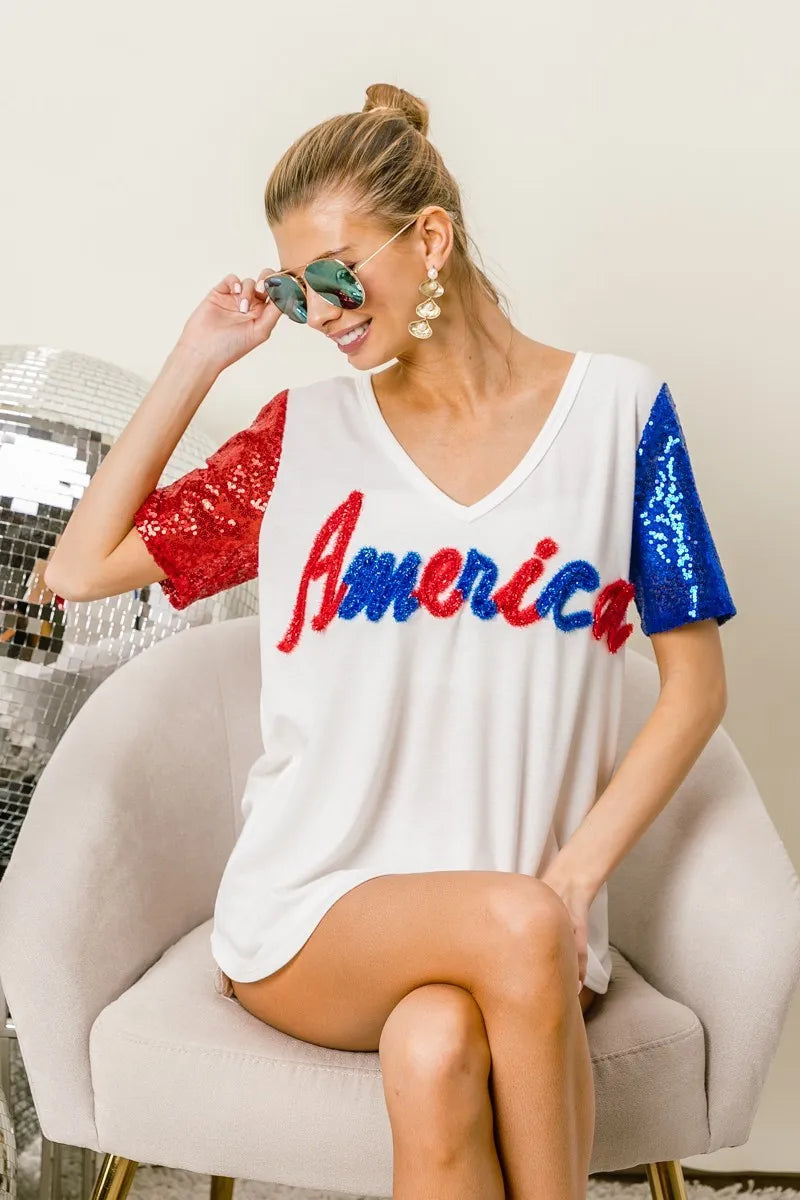 BiBi Metallic Letter V-neck Sequin Sleeves Top