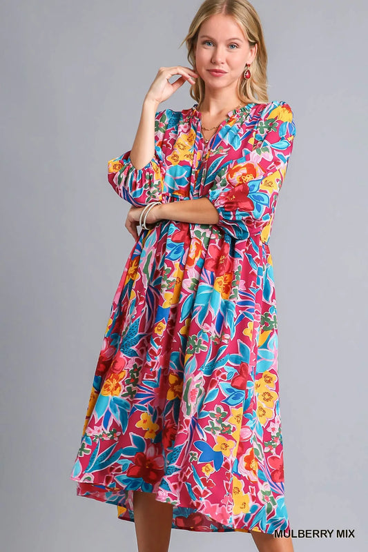 Umgee Full Size Floral Print Tie Neck Midi Dress with Pockets Plus Size