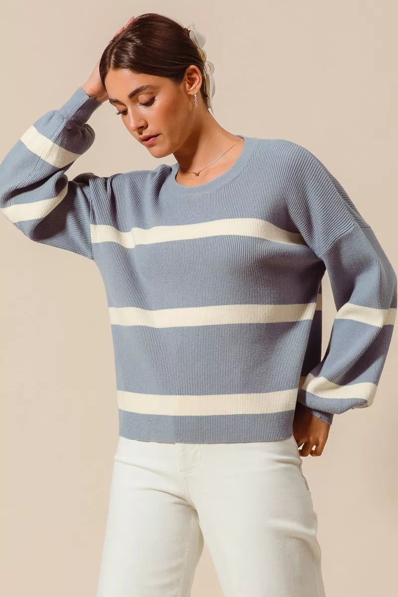 SO ME Ribbed Striped Round Neck Sweater