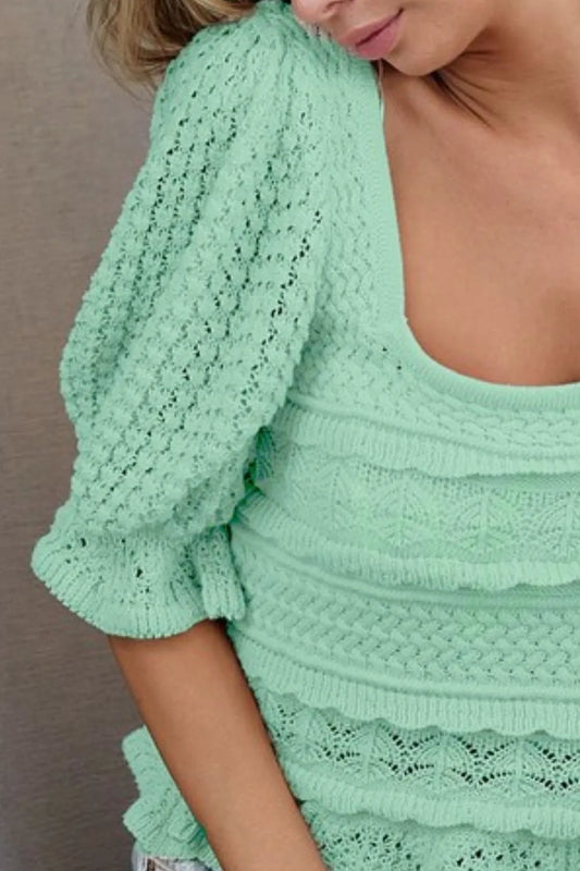 BiBi Square Neckline with Puff Sleeve Crochet Top