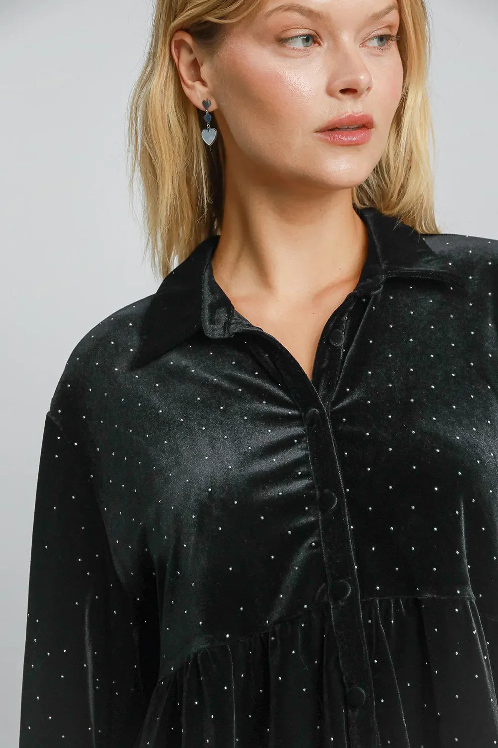 Umgee Full Size Polka Dot Button Up Half Sleeve Shirt