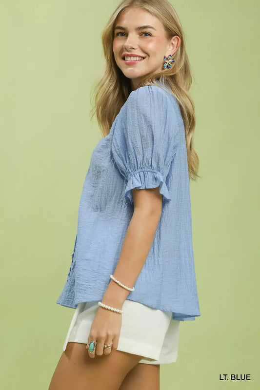 Umgee Textured Button-Front Puff Sleeve Top