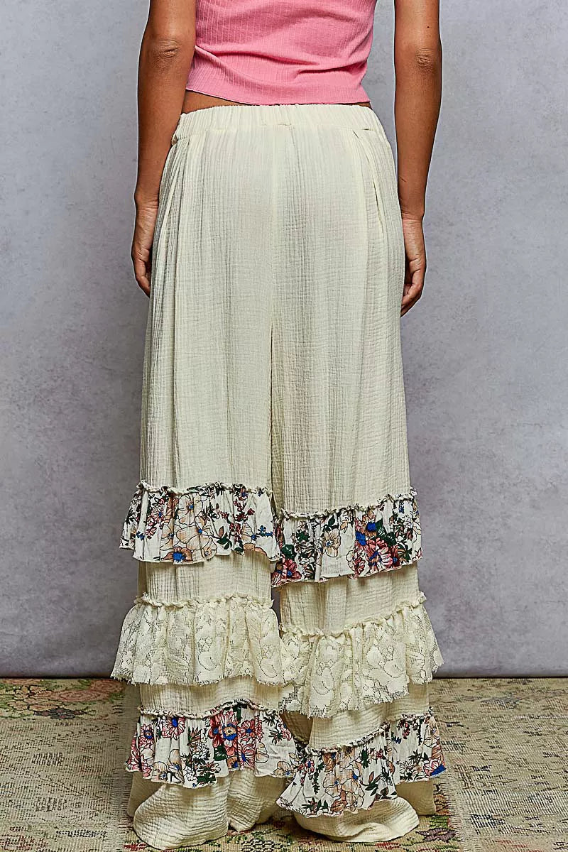 POL Drawstring Double Gauze Wide Leg Pants with Print and Lace Ruffle