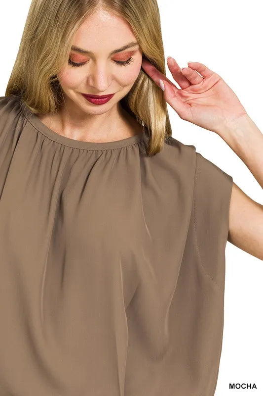Zenana Woven Drawstring Tie Side Sleeveless Top