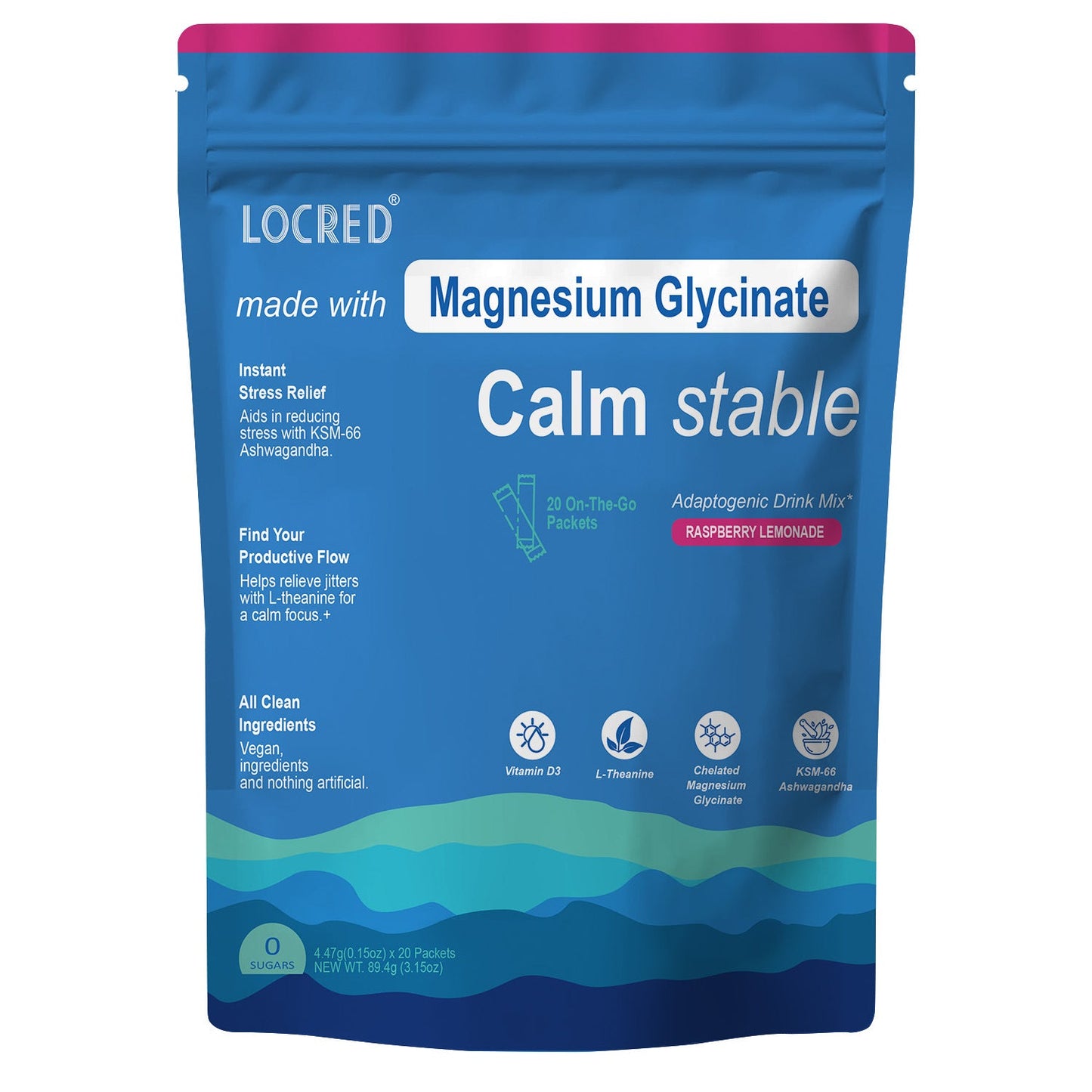Magnesium Glycinate Calm Stable Drink Mix, Raspberry Lemon Flavor, Stress Sleep Support Powder Packets, 20 On-The-Go Packets
