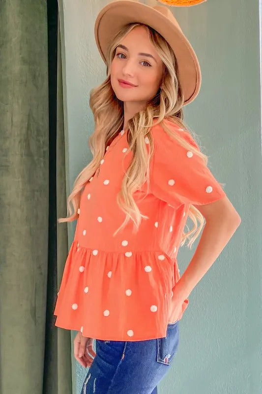 And The Why Pom Pom Polka Dots Short Sleeve Top