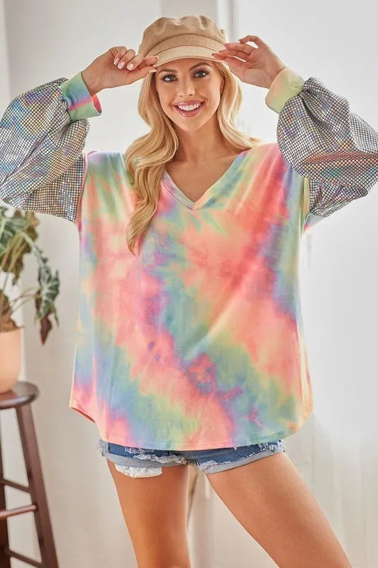 BiBi V Neck Tie Dye French Terry Top with Shiny