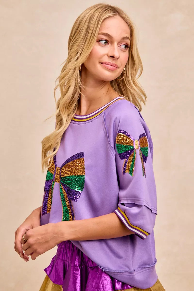 BiBi Mardi Gras Theme Ribbon Sequin Patched Top