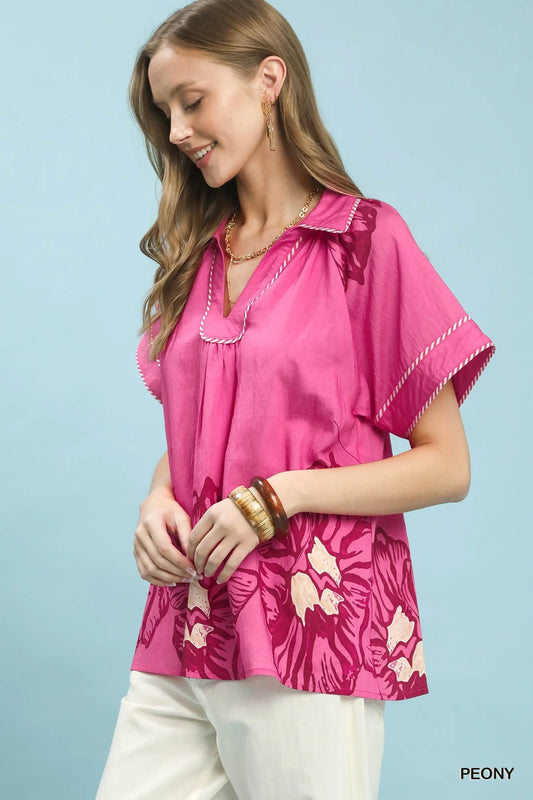 Umgee Floral Split-Neck Short Sleeve Top