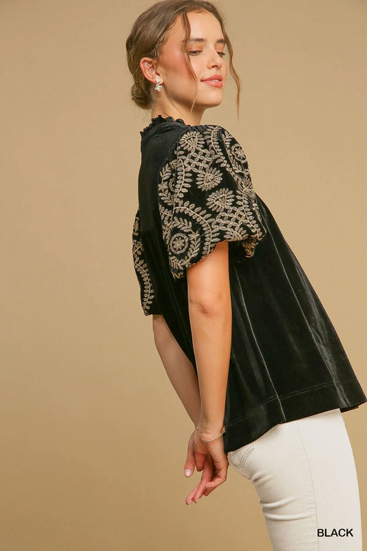 Umgee Full Size Velvet Embroidered Sleeve Blouse Plus Size