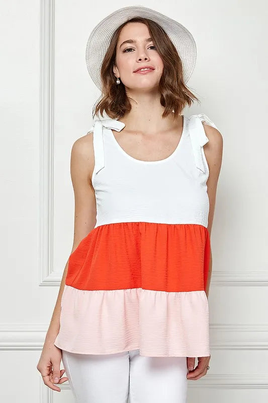 Lime 'N' Chili Color Block Sleeveless Tie Shoulder Babydoll Top