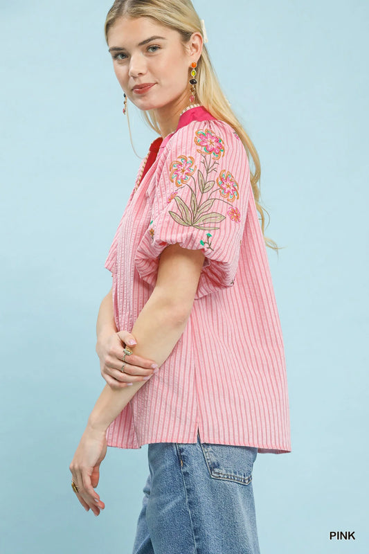 Umgee Embroidered Stripe Top