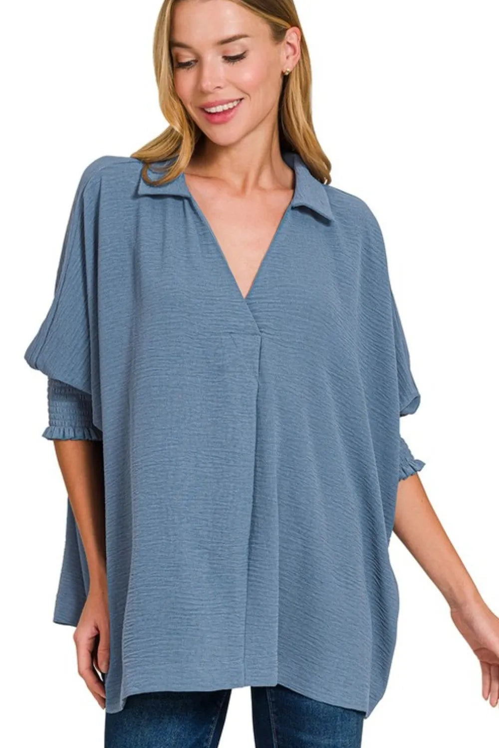Zenana Airflow Collar Tee with Smocked Sleeve Band Top