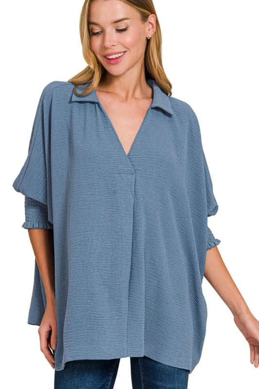 Zenana Airflow Collar Tee with Smocked Sleeve Band Top